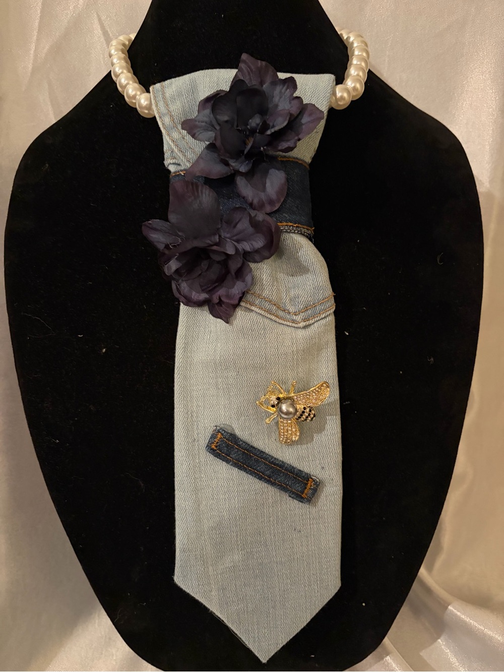 Handcrafted Denim Floral Necklace Tie with  Pearl Accent